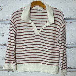 Marine Layer Striped Collared Sweater | Medium | Cream & Rust